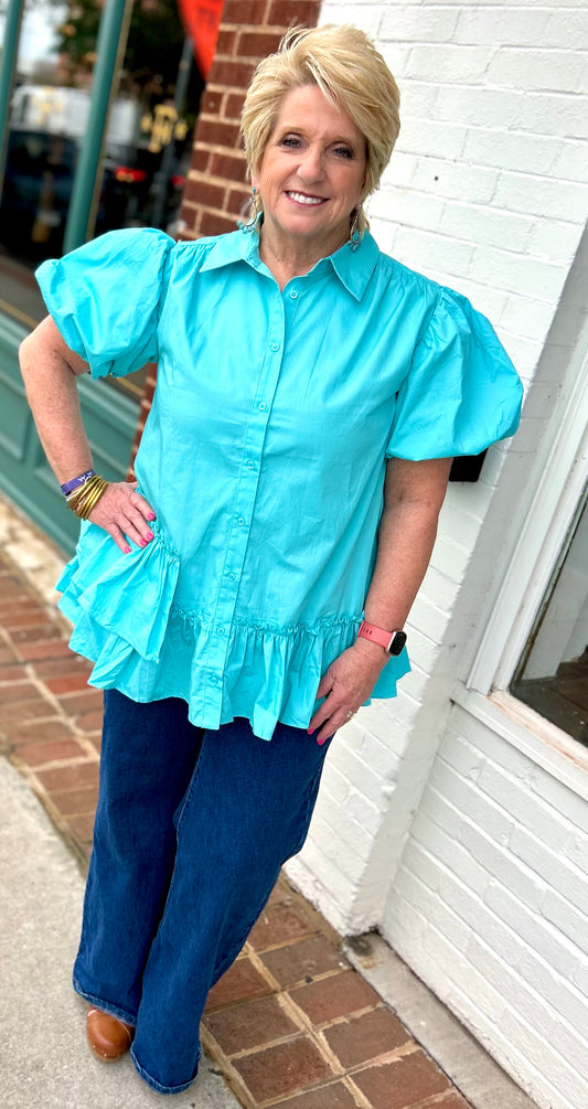 Aqua poplin ruffle detail button down blouse